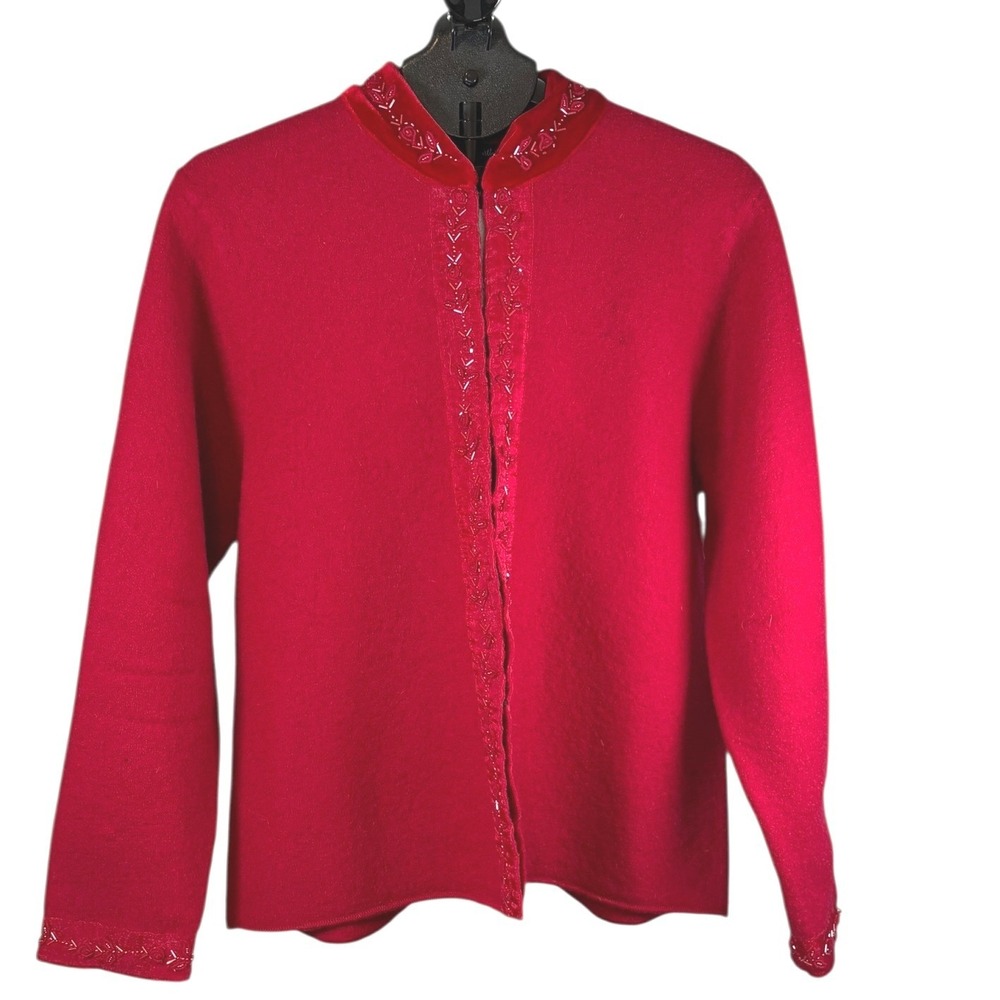 Alexandra Bartlett Red 100% Wool Beaded Floral Cardigan Sweater Velvet Trim Sz L